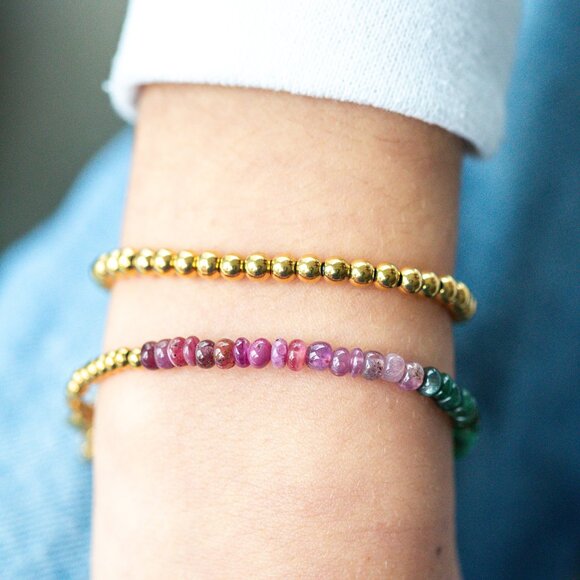 GORGEOUS Rainbow SAPPHIRE Beaded Bracelet Waterproof Gold Non-Tarnish Bracelet - Picture 2 of 10